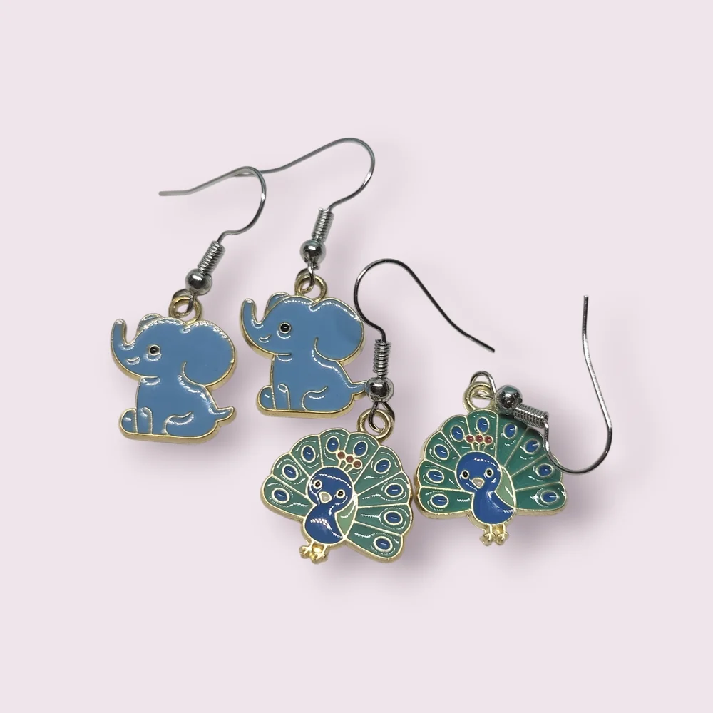 Charming Blue Elephant and Peacock Earrings for Kids